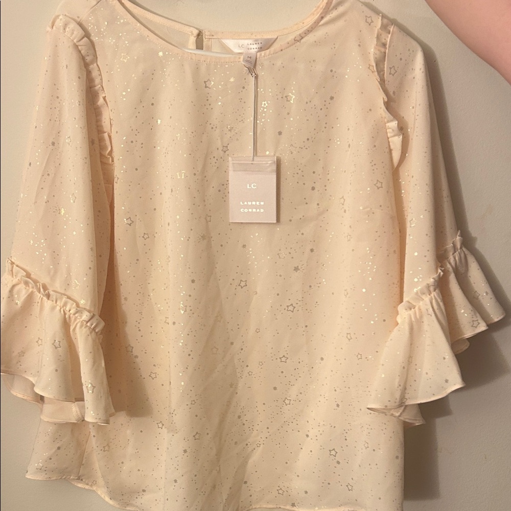 LC Lauren Conrad Sparkling Cream Blouse with Ruffle Sleeves